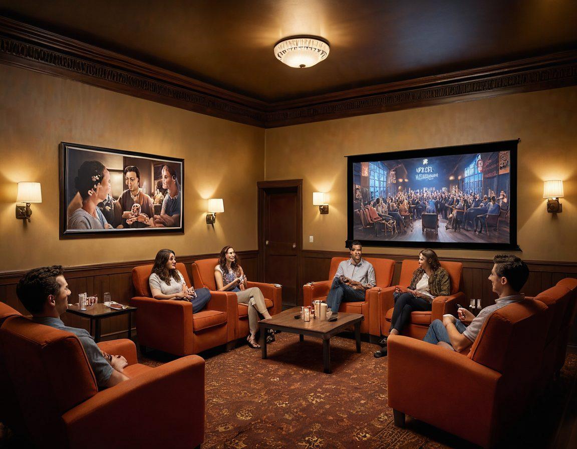 A cozy hidden cinema setting with plush chairs and warm lighting, featuring an eclectic mix of independent film posters on the walls. A large screen displays a captivating scene from a thought-provoking film, while friends are enjoying popcorn and drinks. Soft shadows and a touch of nostalgia fill the air, evoking a sense of community and storytelling. super-realistic. warm tones. cinematic atmosphere.