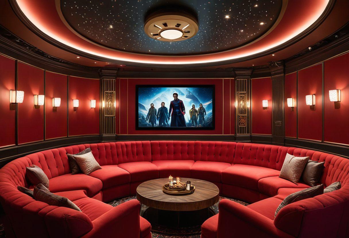 A luxurious screening room with plush seating, ambient lighting, and a massive screen displaying an epic adventure film scene. Include excited viewers immersed in the experience, with popcorn and drinks in hand, under starry decorative lights. Showcase intricate film reel motifs and vintage film posters on the walls. The atmosphere should evoke excitement and exclusivity. super-realistic. vibrant colors. cinematic style.