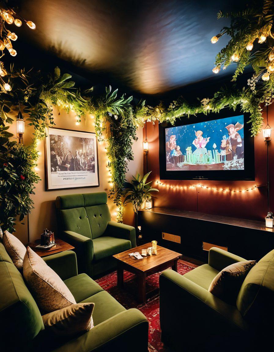 An inviting, cozy hidden cinema filled with plush vintage seating and warm, ambient lighting. A large screen showcasing a classic film, surrounded by lush greenery and eclectic decor elements. Guests laughing and enjoying popcorn, creating a sense of joy and community in the atmosphere. Magical twinkling fairy lights hanging from the ceiling, highlighting the unique charm of the space. vibrant colors. super-realistic.